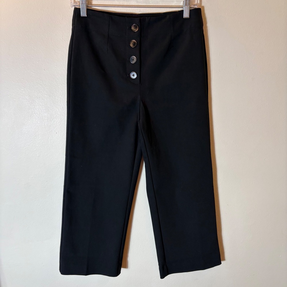 LOFT Petites Black High Waist Button Fly Cropped Wide Leg Pants Size 2P